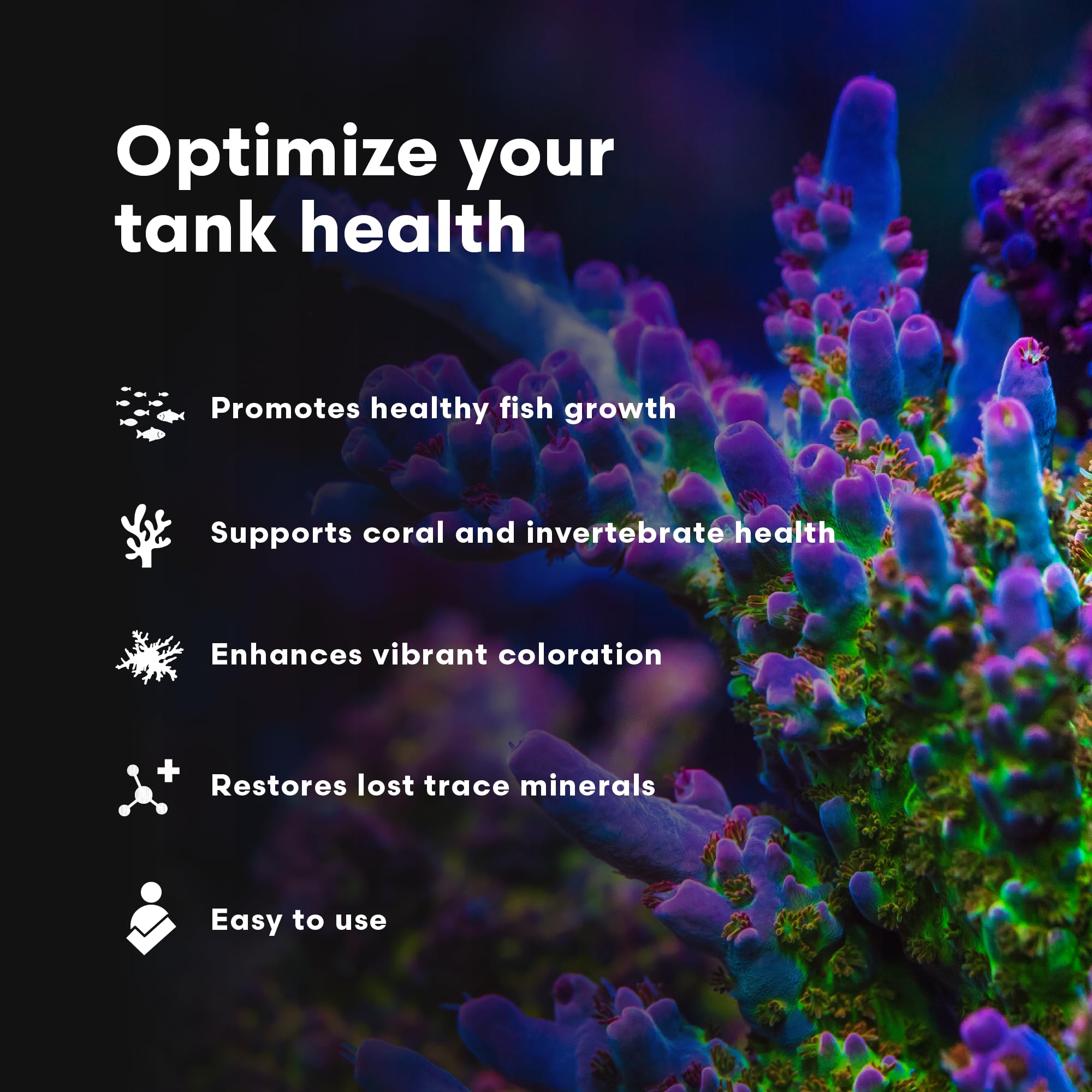 Brightwell Aquatics Replenish natural seawater formula illustration highlighting 29 minerals.