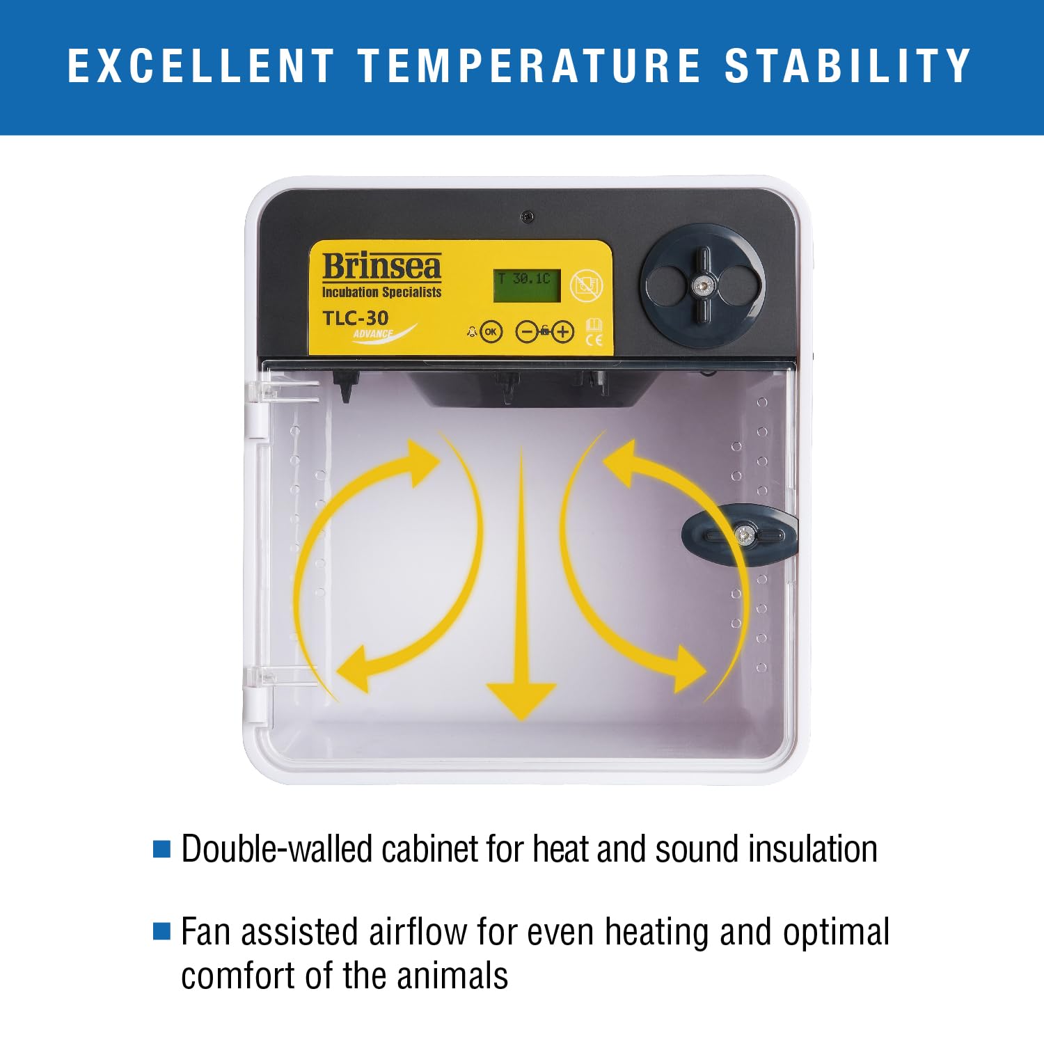 Brinsea TLC-30 Advance quiet fan minimizes noise for newborns.
