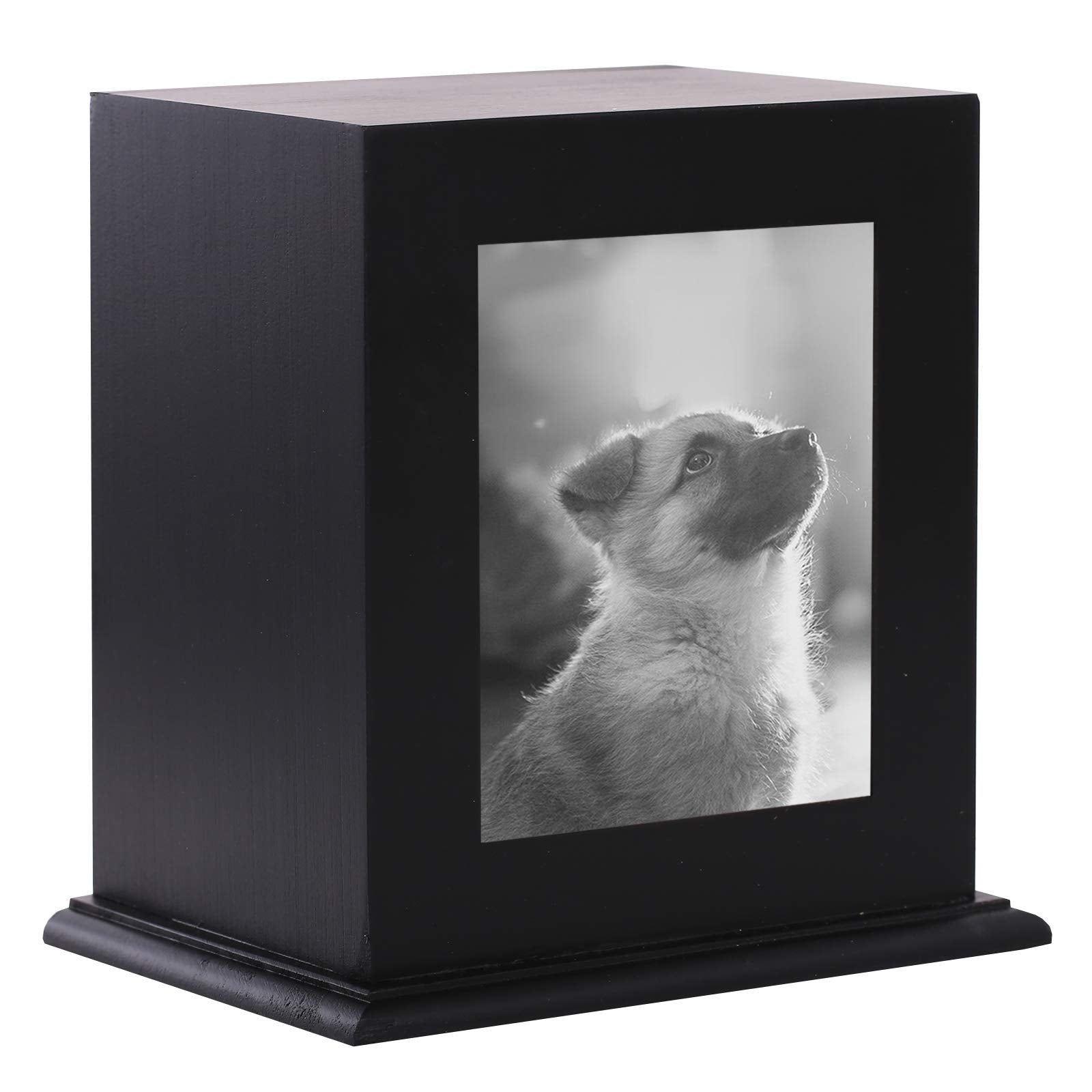 BRKURLEG Pet Wood Memorial Urn front view with photo frame to keep memories close