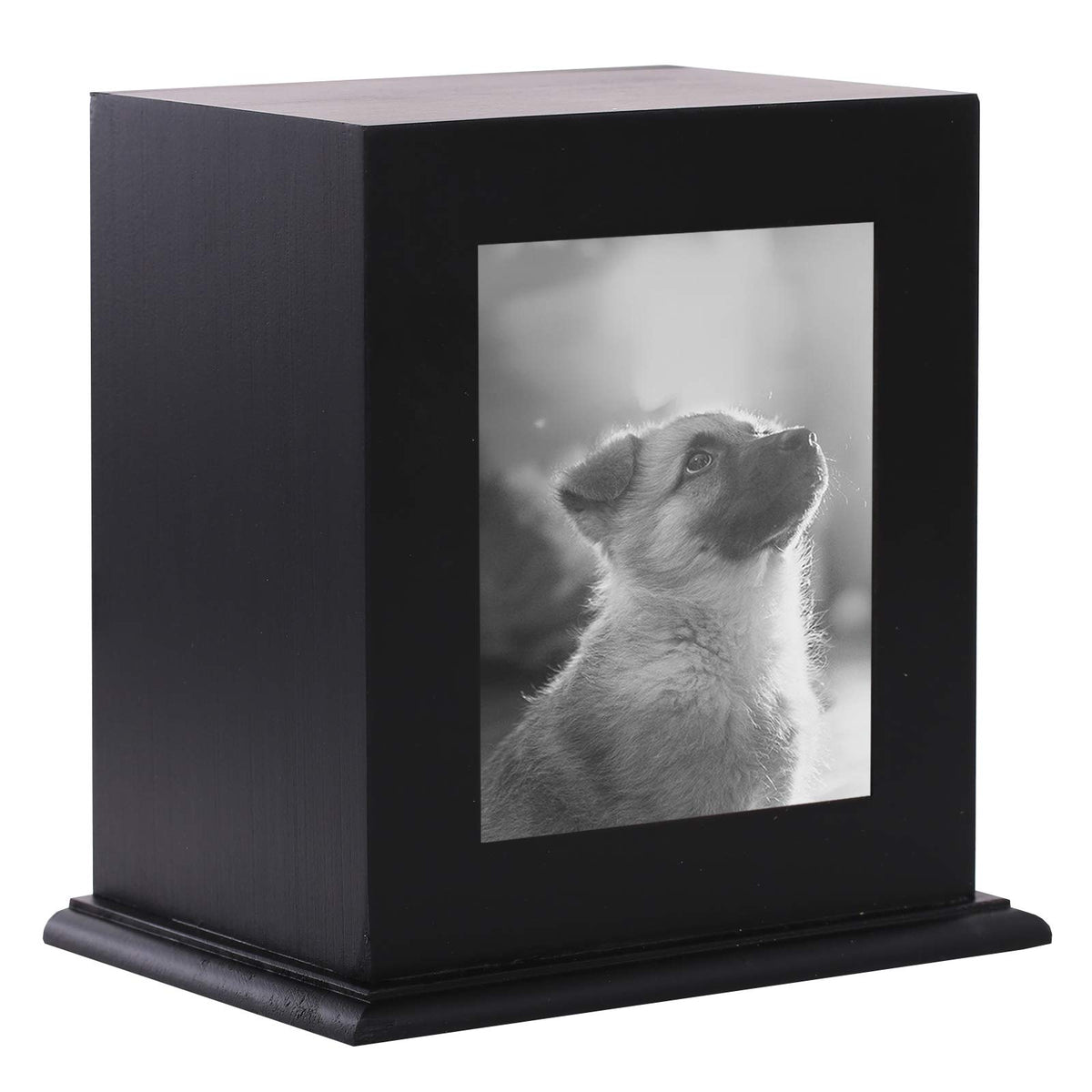 BRKURLEG Pet Wood Memorial Urn front view with photo frame to keep memories close