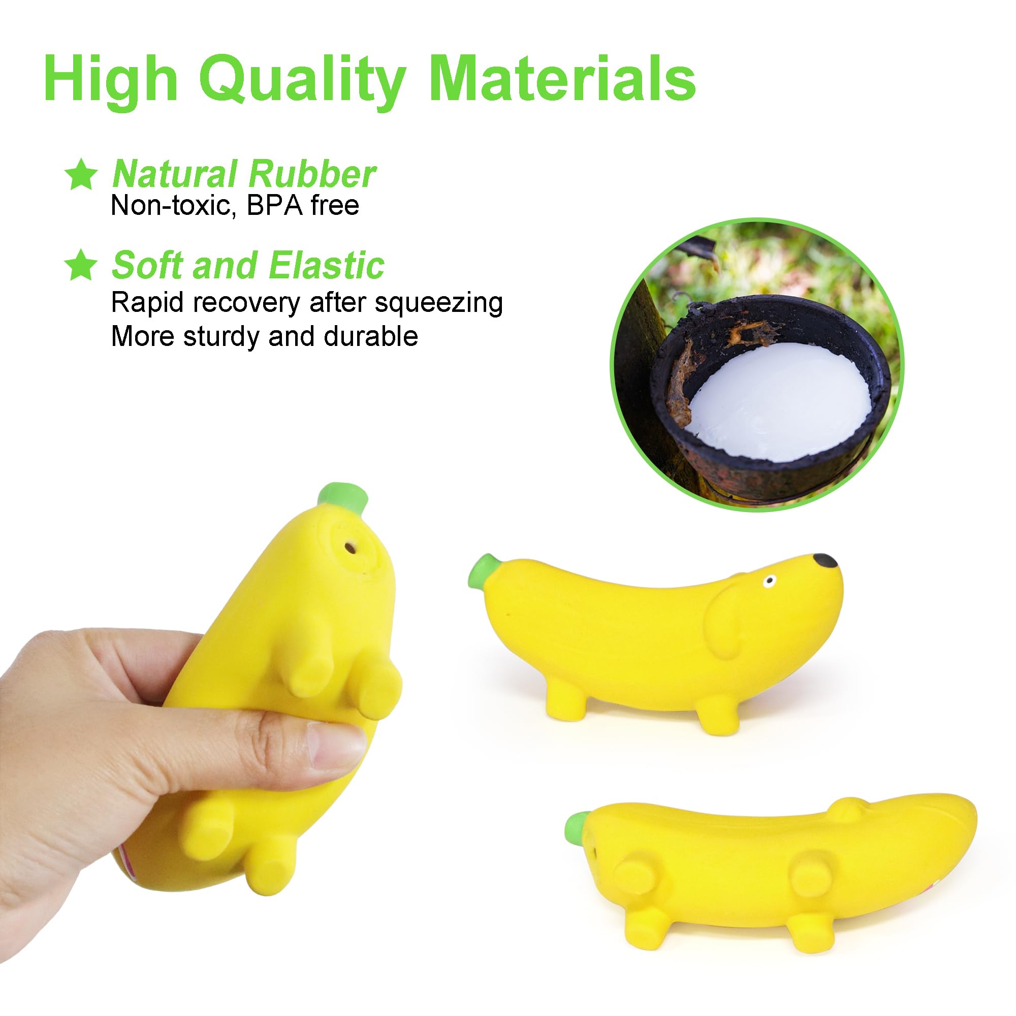 BRMDT squeaky banana dog toy close-up showing durable natural rubber.
