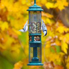 Brome Squirrel Buster Nut Feeder shroud opens and closes to deter squirrels.
