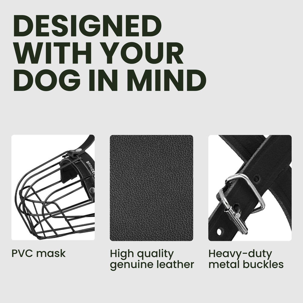 BRONZEDOG leather straps on sturdy large dog muzzle for durability