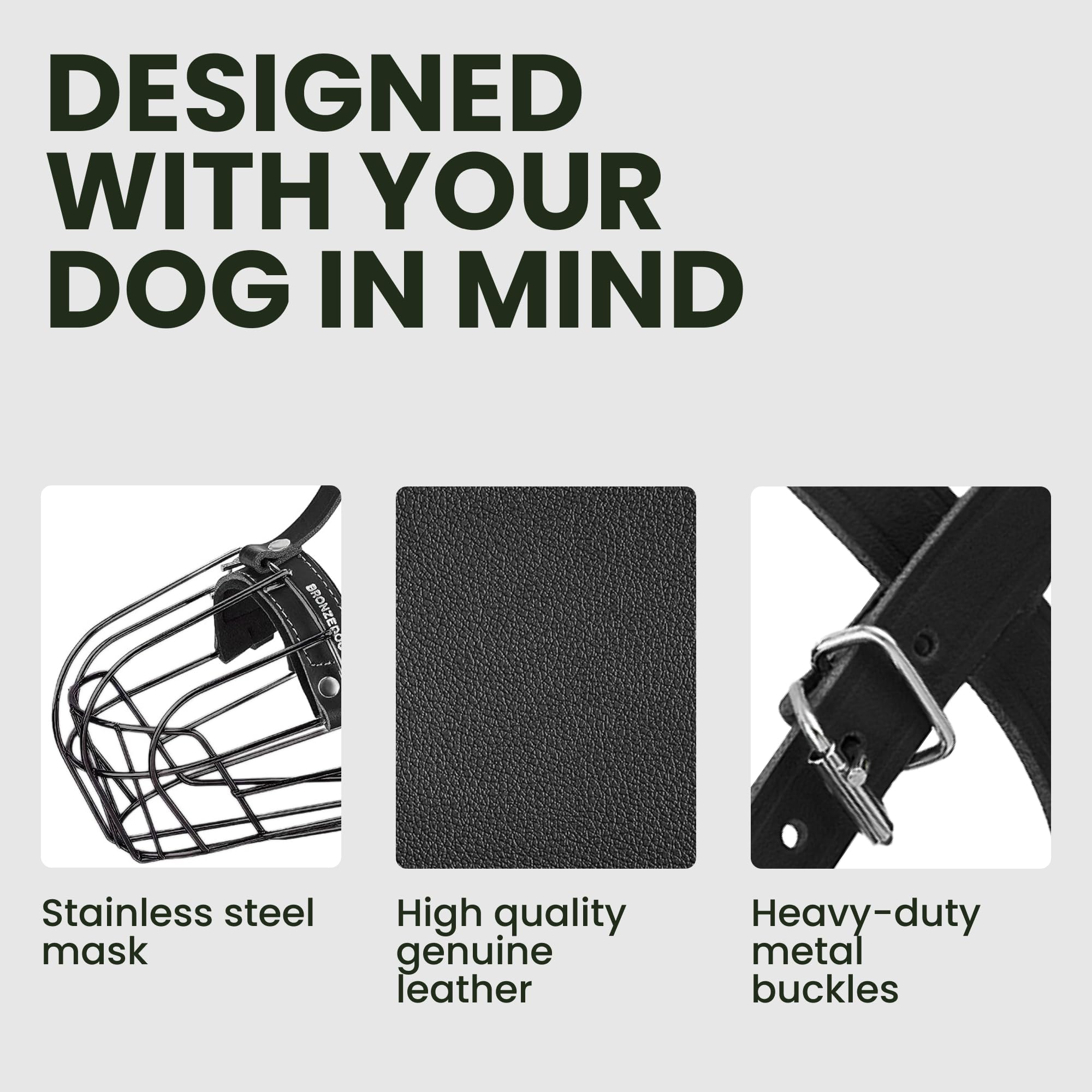 BRONZEDOG protective wire basket prevents nibbling during walks.