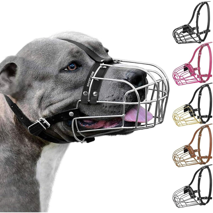 BRONZEDOG Pitbull Muzzle basket with steel construction promoting secure restraint during walks.