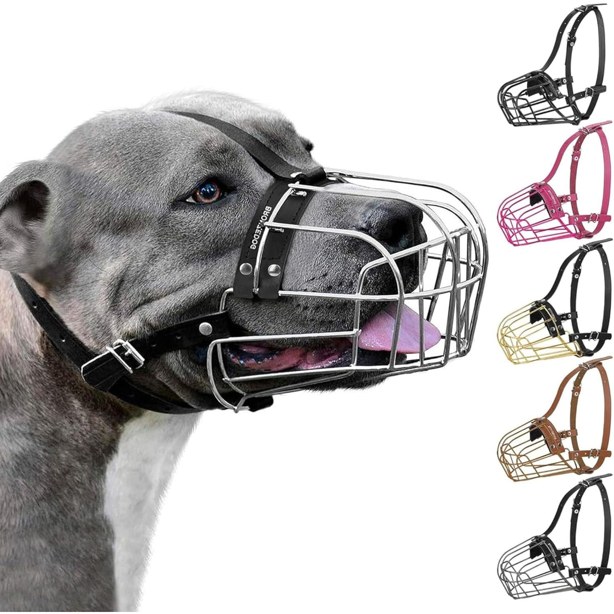 BRONZEDOG Pitbull Muzzle basket with steel construction promoting secure restraint during walks.