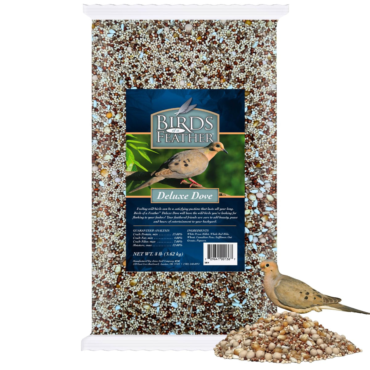 Brooks Brand Birds of a Feather Deluxe Dove Seed packaging for outdoor feeding.
