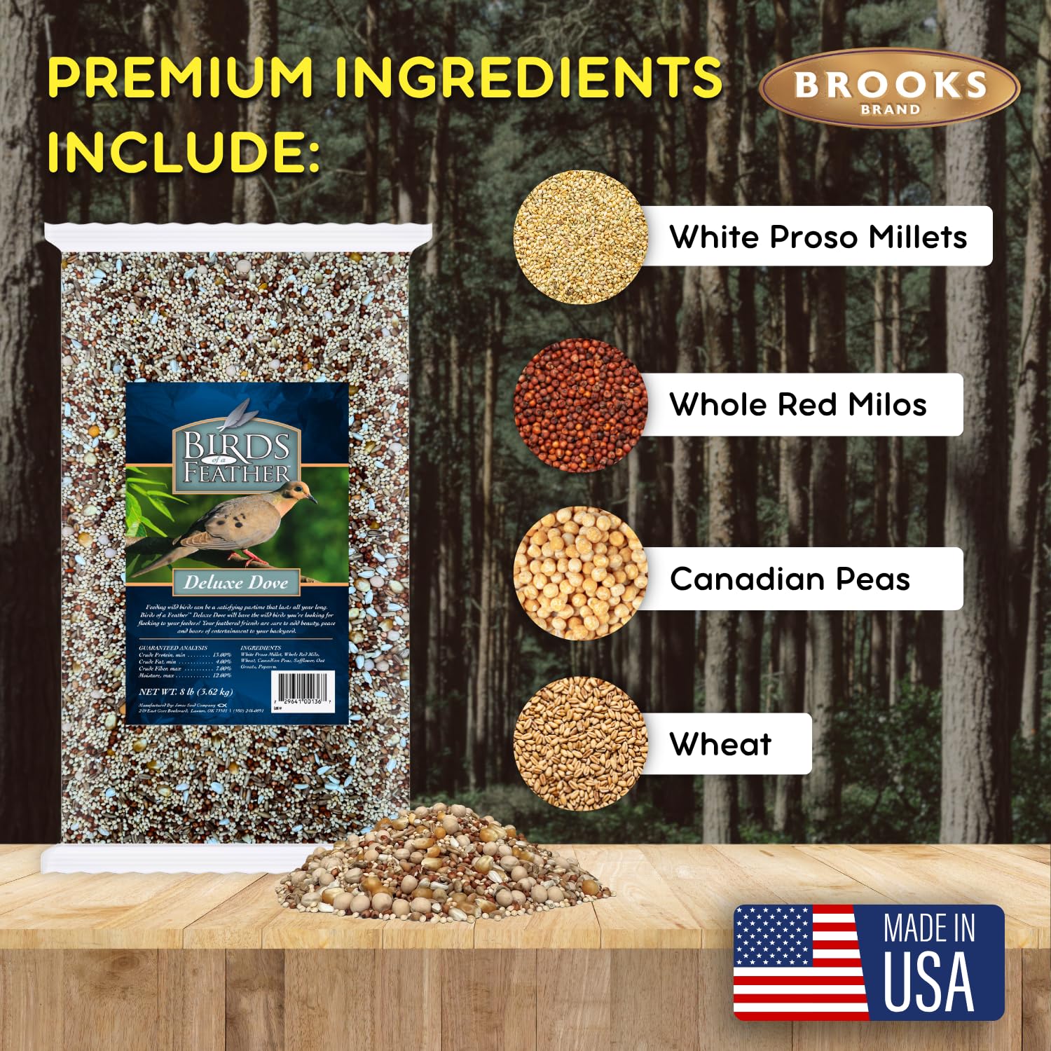 Brooks Brand deluxe dove seed attracts mourning doves in backyards.