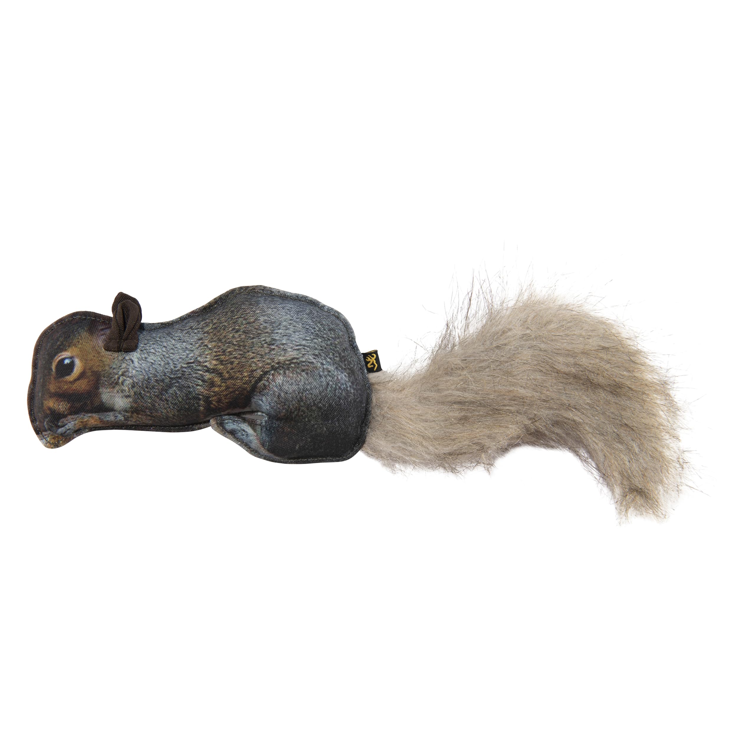 Browning Squirrel Toy measures 4-3/8 in by 12 in for midsize to large dogs.