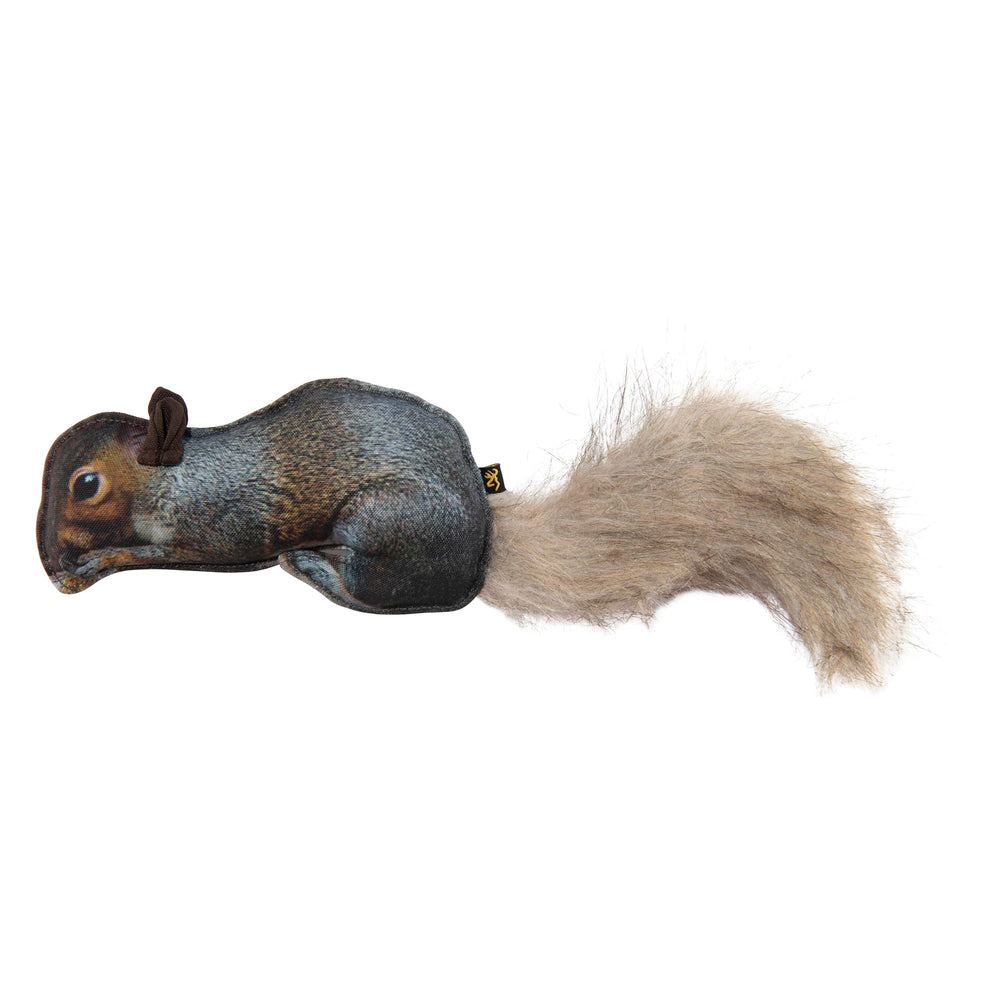 Browning Squirrel Toy measures 4-3/8 in by 12 in for midsize to large dogs.