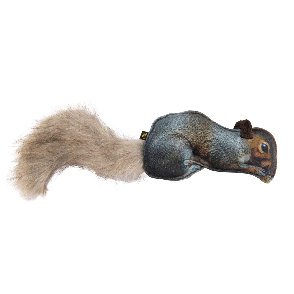 Browning Squirrel Fabric Squeaker Toy for dogs, durable for tug and fetch.