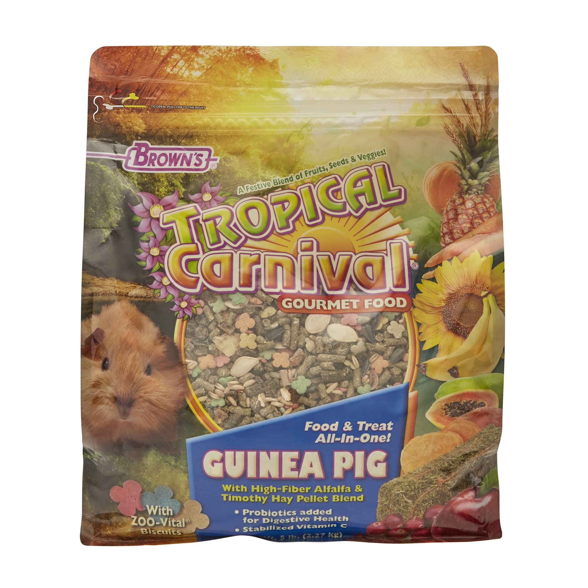 Brown's Tropical Carnival guinea pig food bag showing premium daily nutrition.