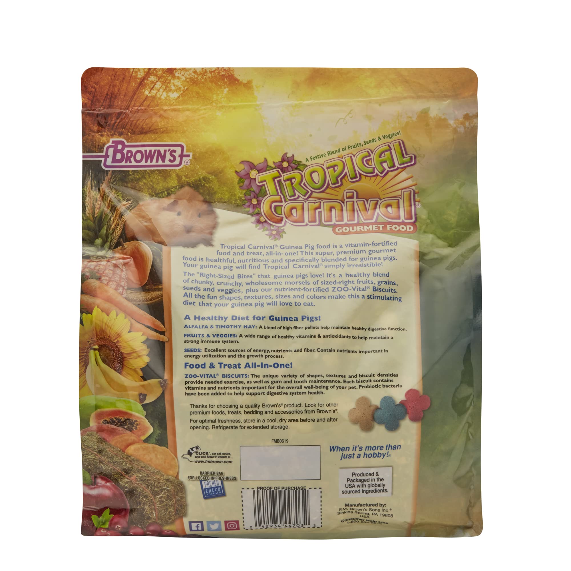 Close-up of Tropical Carnival pellets highlighting a fiber-rich formula for digestion.