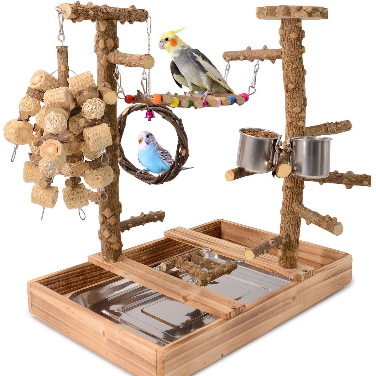 BRSLAIF natural wood perch stand with uneven branches for natural foot exercise.