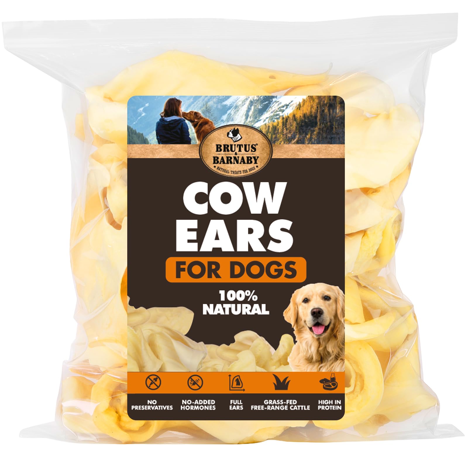 BRUTUS & BARNABY cow ears whole 12-count rawhide-free chew for dogs.