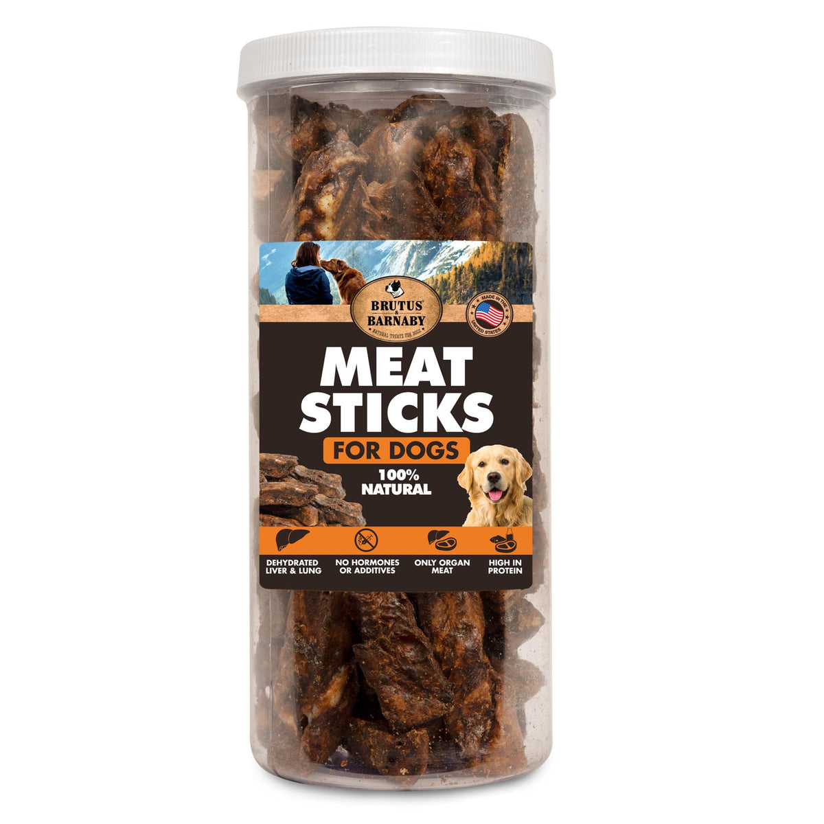 BRUTUS & BARNABY dehydrated lung treats packaging shows USA-made quality for pets