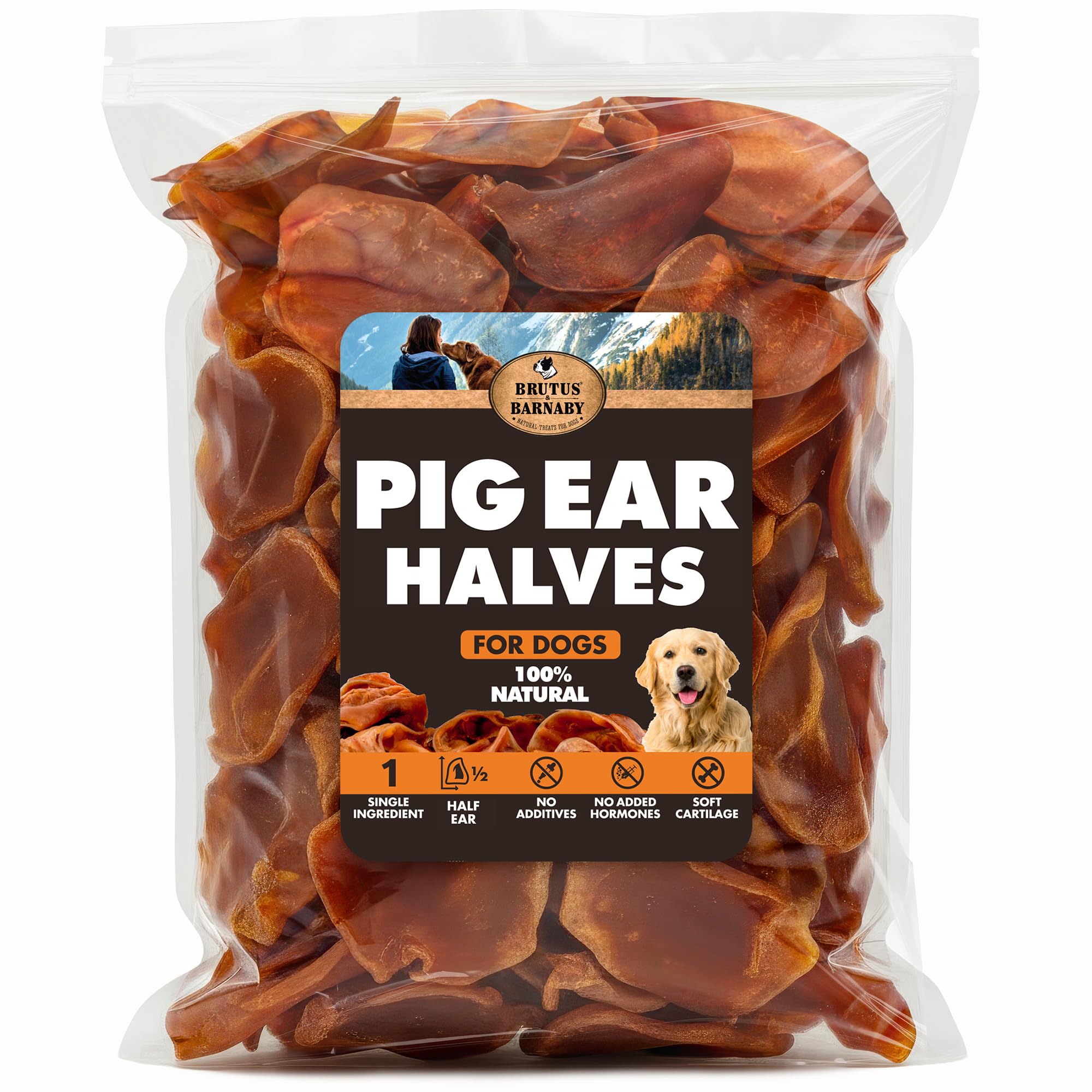 BRUTUS & BARNABY pig ear halves, savory chew for dogs, promotes safe chewing