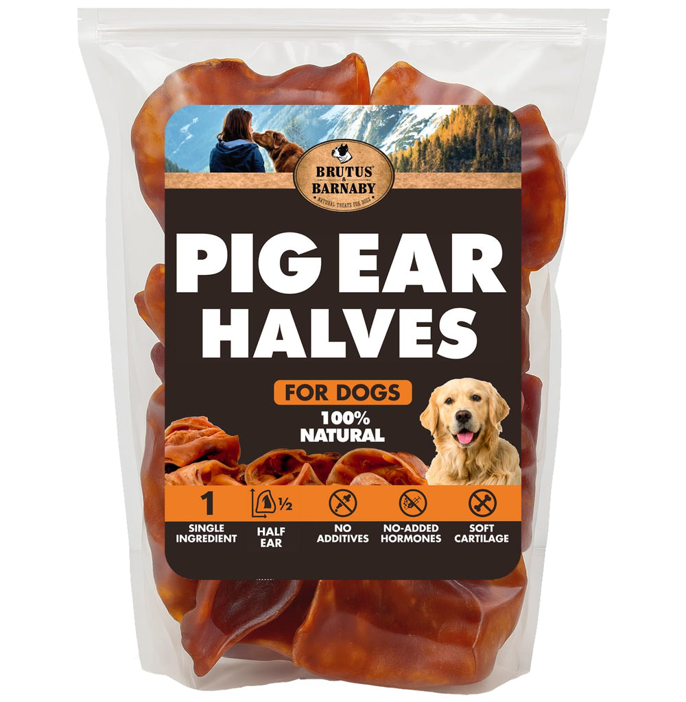 BRUTUS & BARNABY pig ear halves packaging shows all-natural ingredients for dogs.