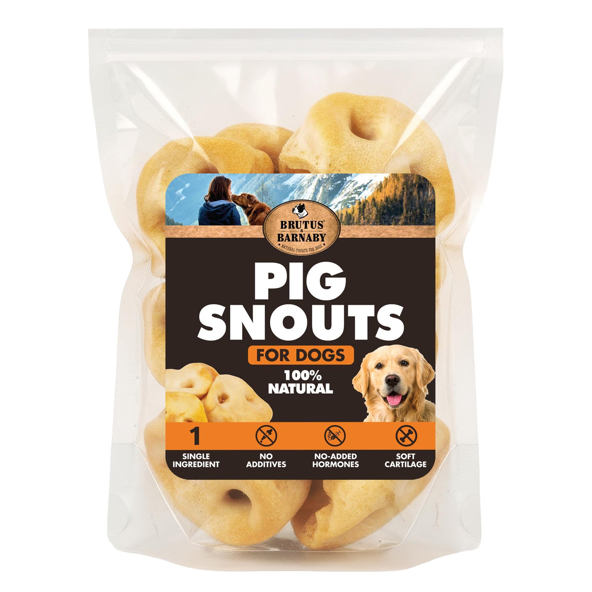 BRUTUS & BARNABY pig snout closeup highlighting natural, digestible chew.