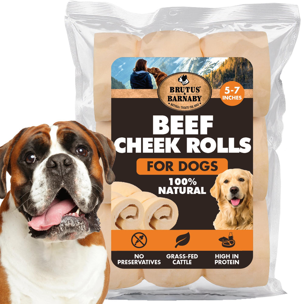 Brutus & Barnaby premium beef cheek rolls 3-pack close-up for large, tough chewers