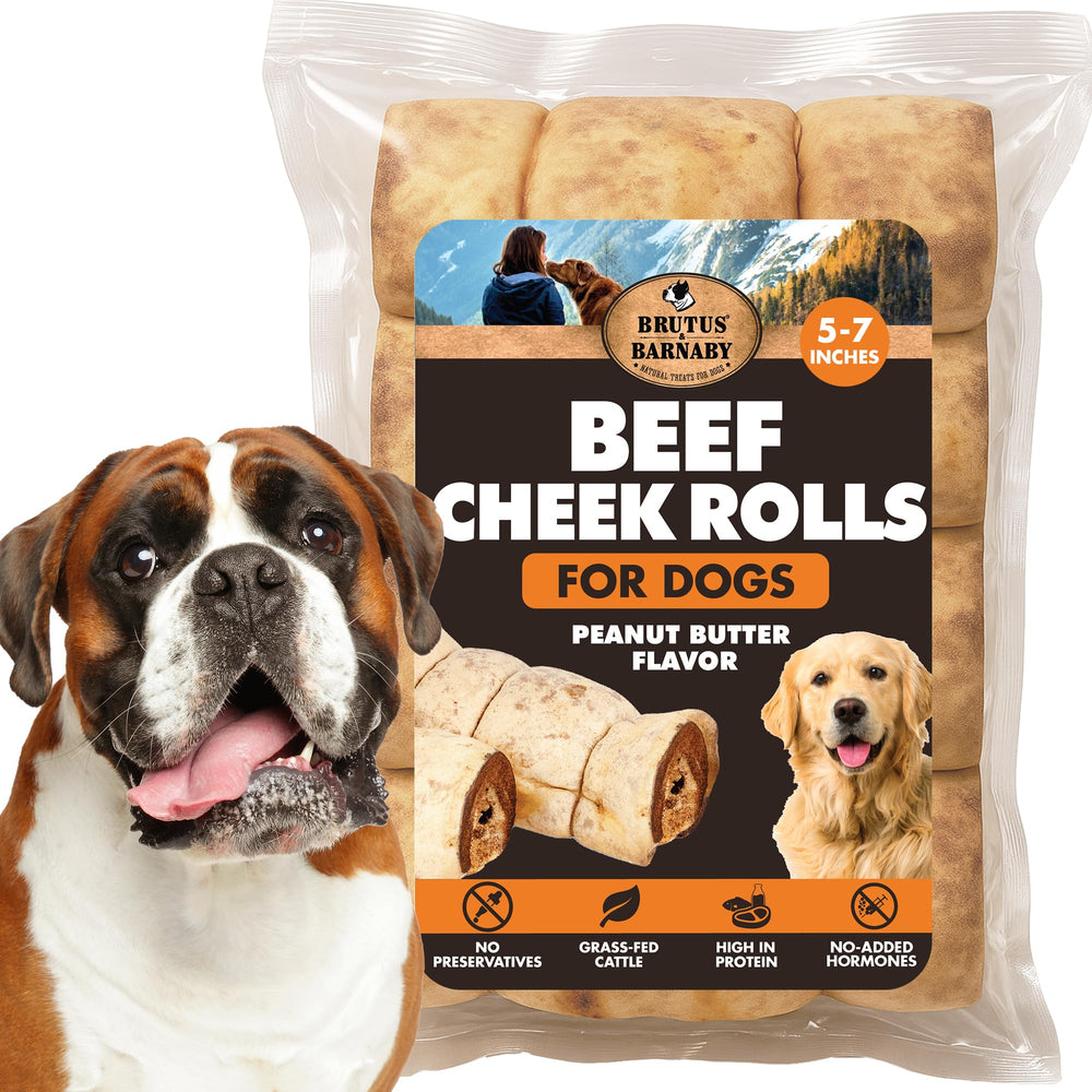 BRUTUS & BARNABY beef cheek rolls 5-pack for large dogs.