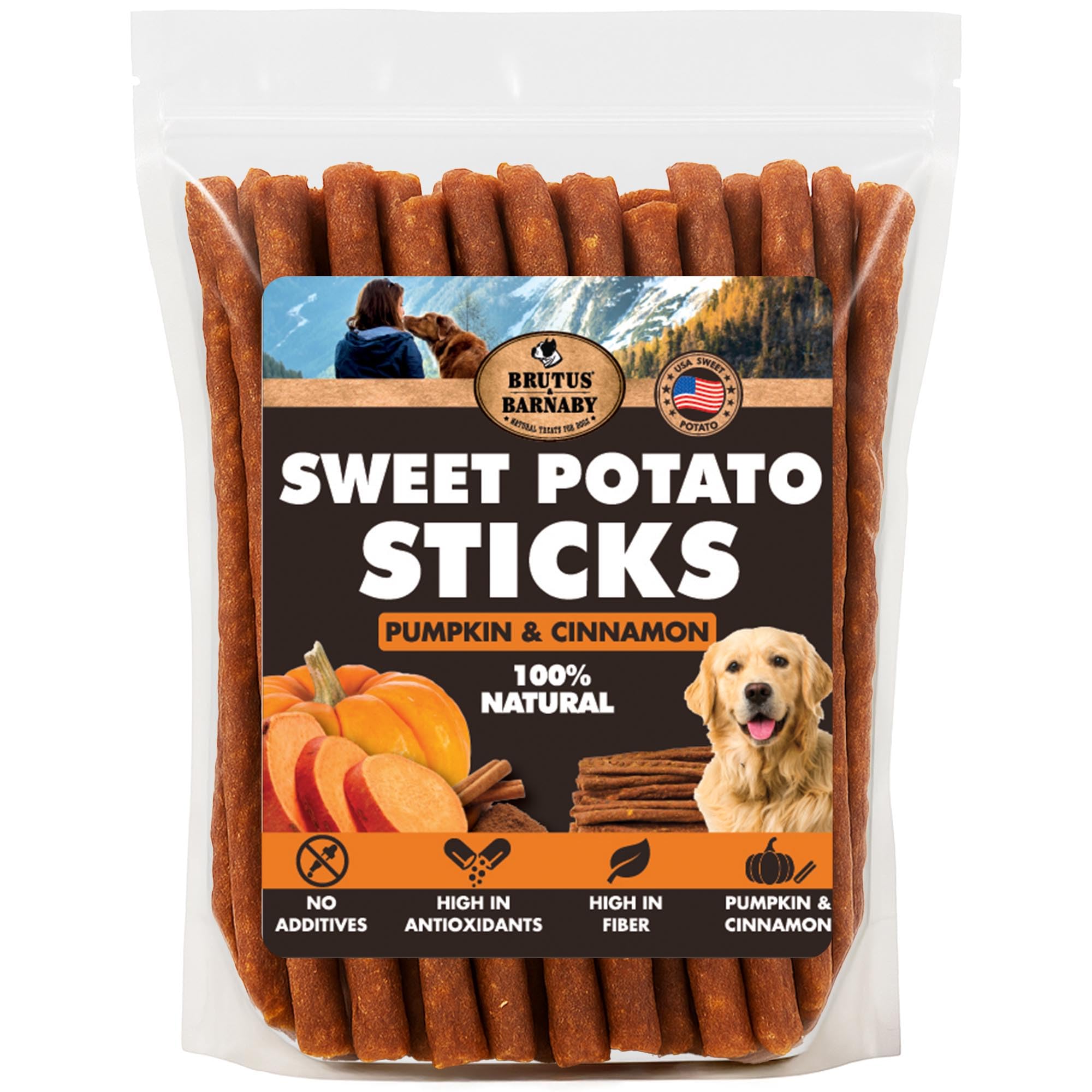 BRUTUS & BARNABY sweet potato crunchy sticks, grain-free training treat for dogs.