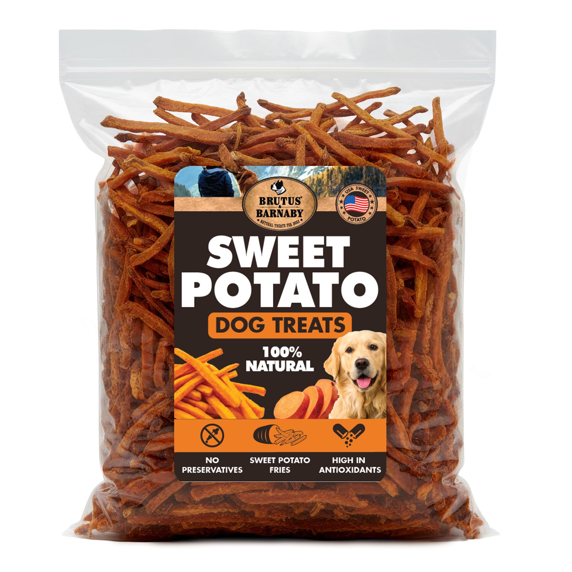 BRUTUS & BARNABY Sweet Potato Fries packaging highlights grain-free dog snack