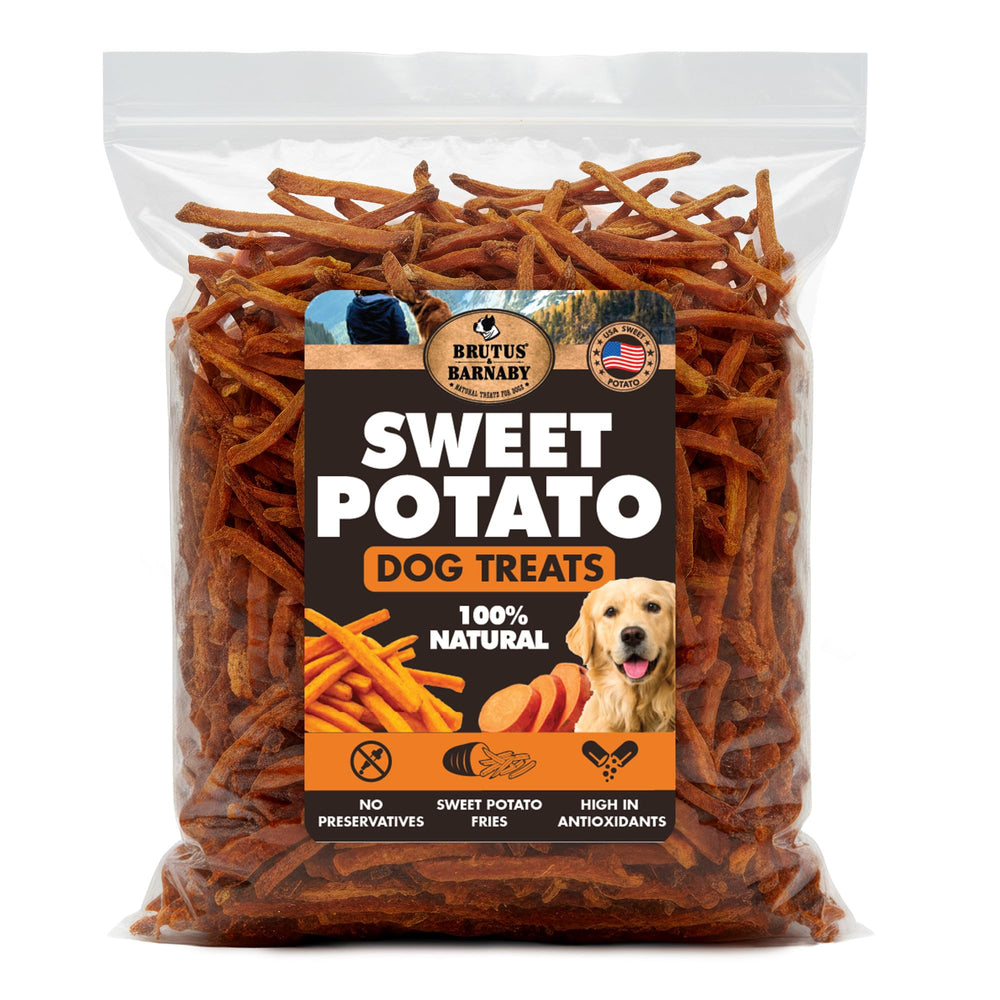 BRUTUS & BARNABY Sweet Potato Fries packaging highlights grain-free dog snack