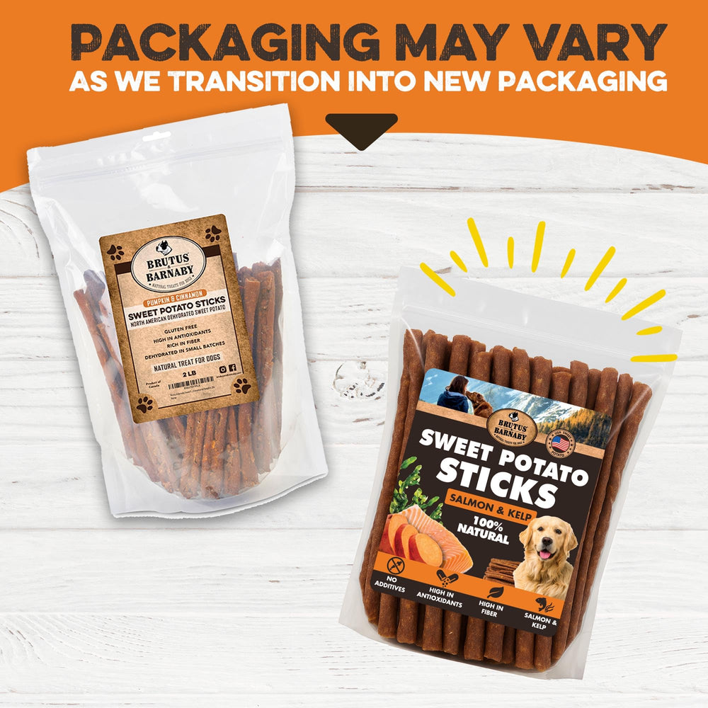 BRUTUS & BARNABY Sweet Potato Sticks snapped piece illustrates versatile training snack.