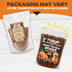 BRUTUS & BARNABY Sweet Potato Sticks snapped piece illustrates versatile training snack.