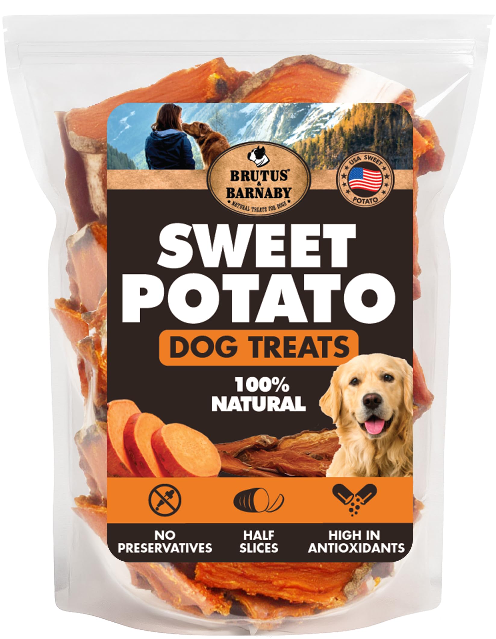 BRUTUS & BARNABY sweet potato treat bag highlights USA-grown ingredients for simple, digestible snacking.