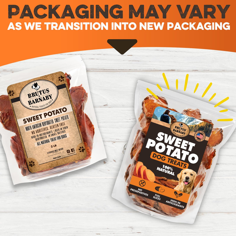 BRUTUS & BARNABY Sweet Potato Treats USA-grown farm-to-bag scene shows fresh ingredients.