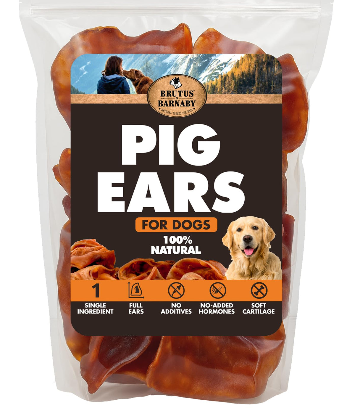 BRUTUS & BARNABY Whole Pig Ears for dogs—long-lasting natural chew.