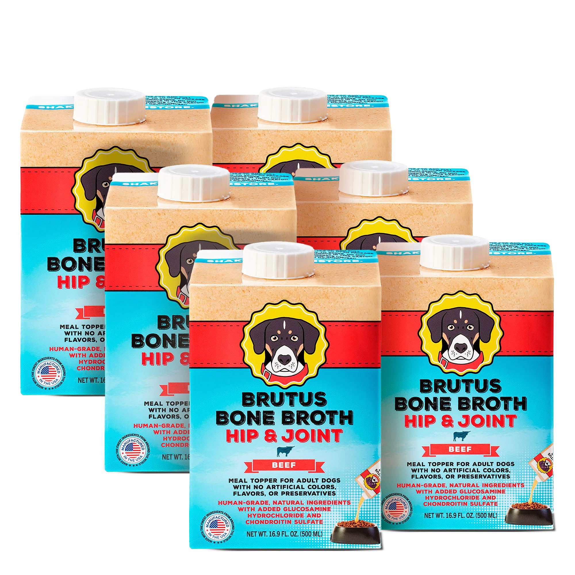 Brutus Beef Bone Broth dog bowl pour highlights savory aroma and easy topping.