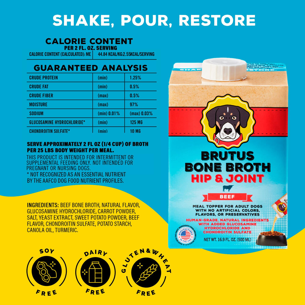 Brutus Beef Bone Broth dog serving topper boosts mealtime appeal for picky eaters.