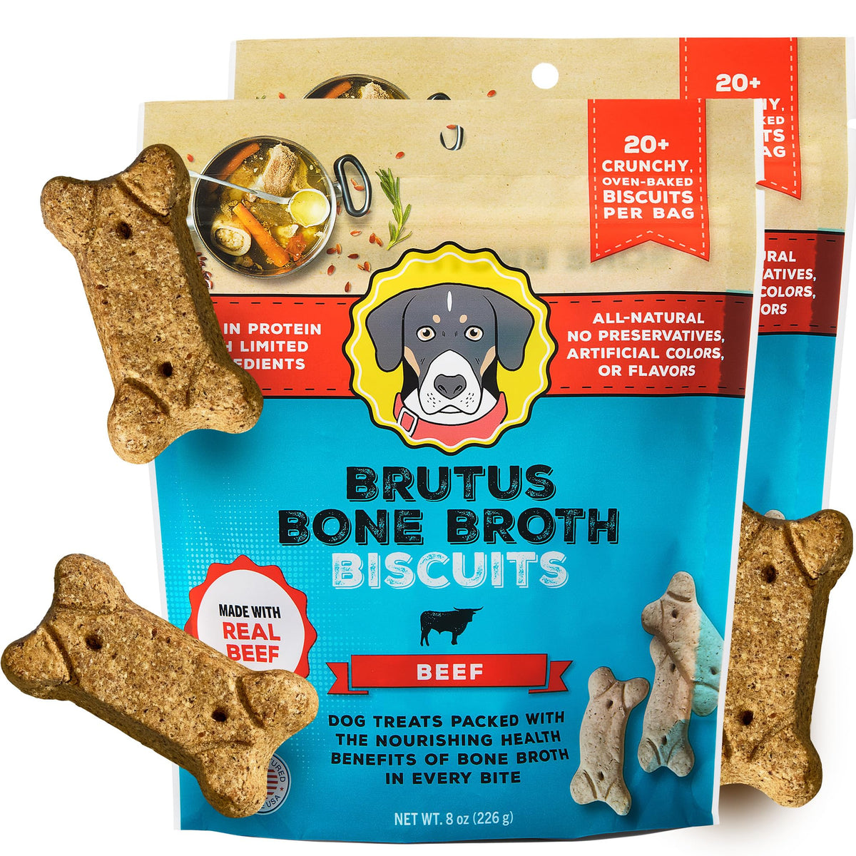 Brutus Bone Broth Biscuits beef flavor crunch for training rewards.