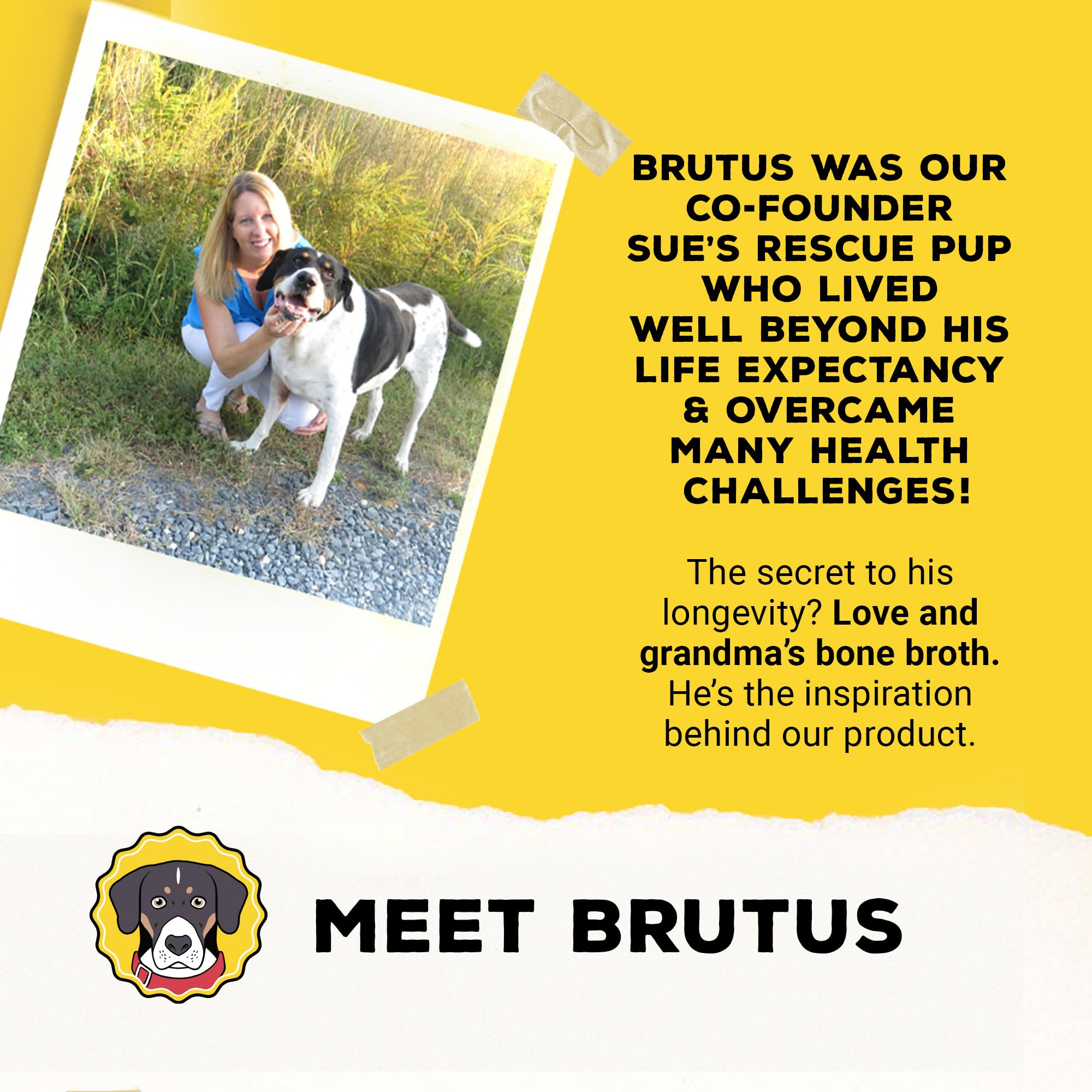 Recyclable packaging for Brutus Bone Broth indicates eco-friendly materials