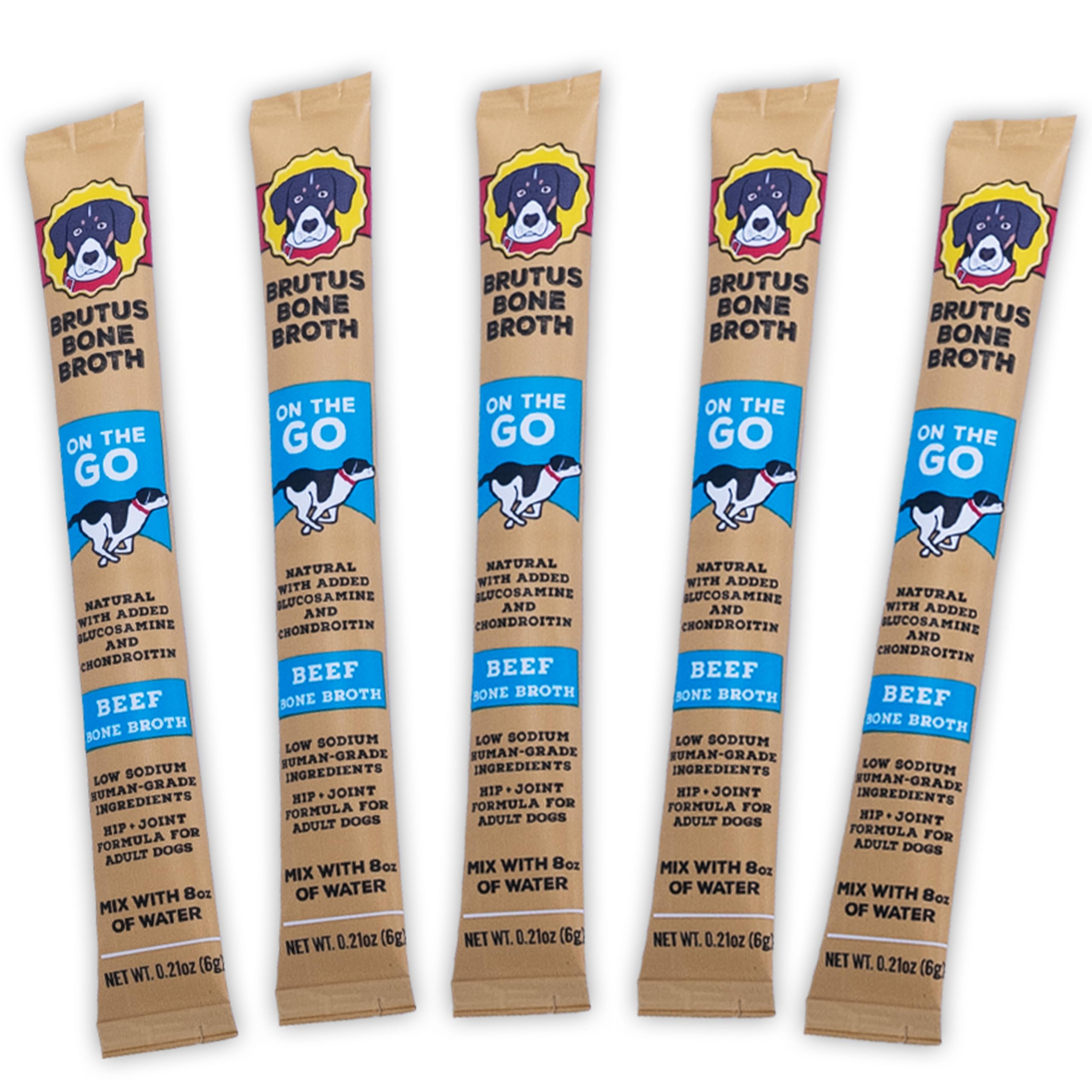 Brutus Bone Broth Beef Powder label visible, entices picky eaters at mealtime