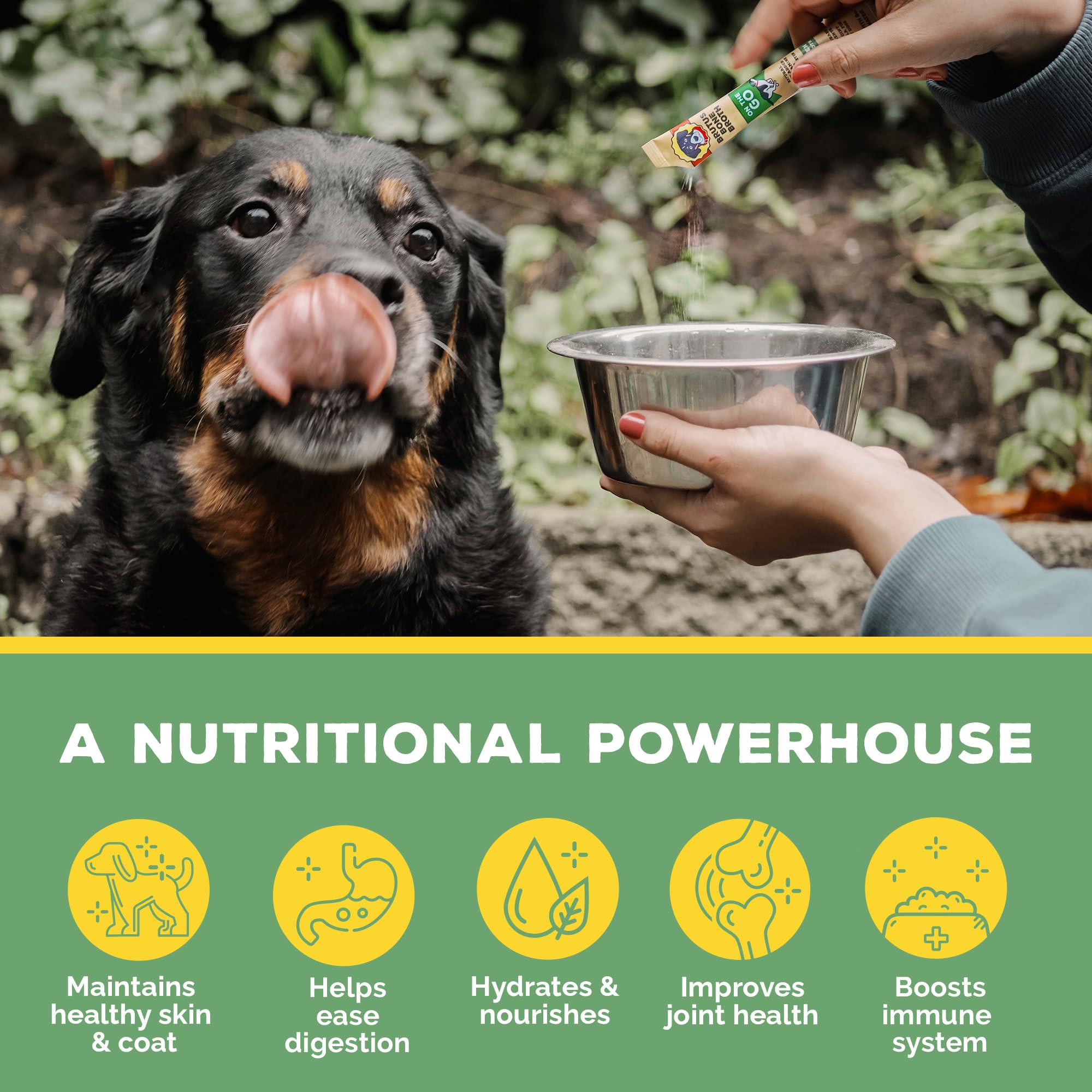 Brutus Bone Broth added to daily meals using a dry food topper.