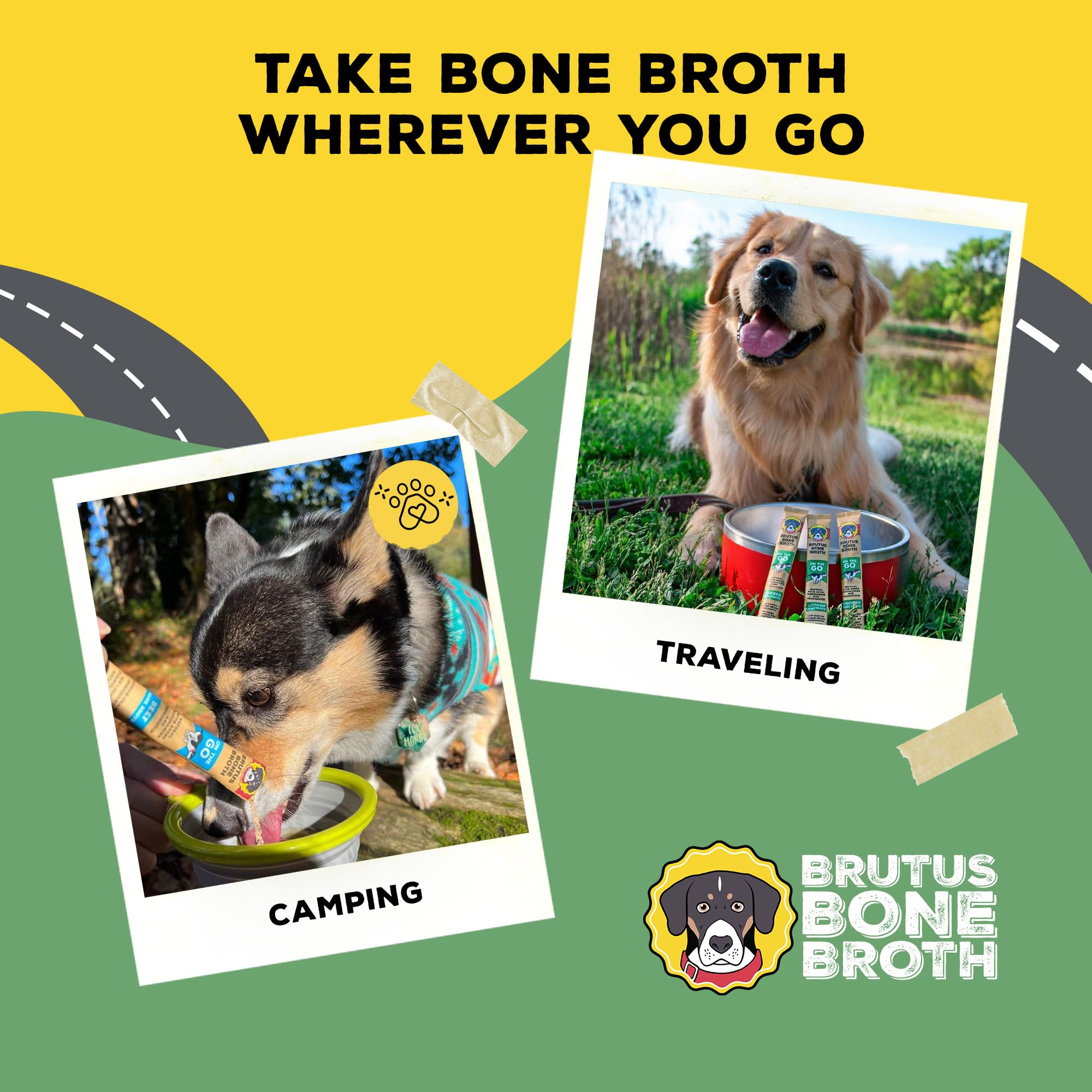 Brutus Bone Broth ingredients panel featuring glucosamine, chondroitin, and turmeric.