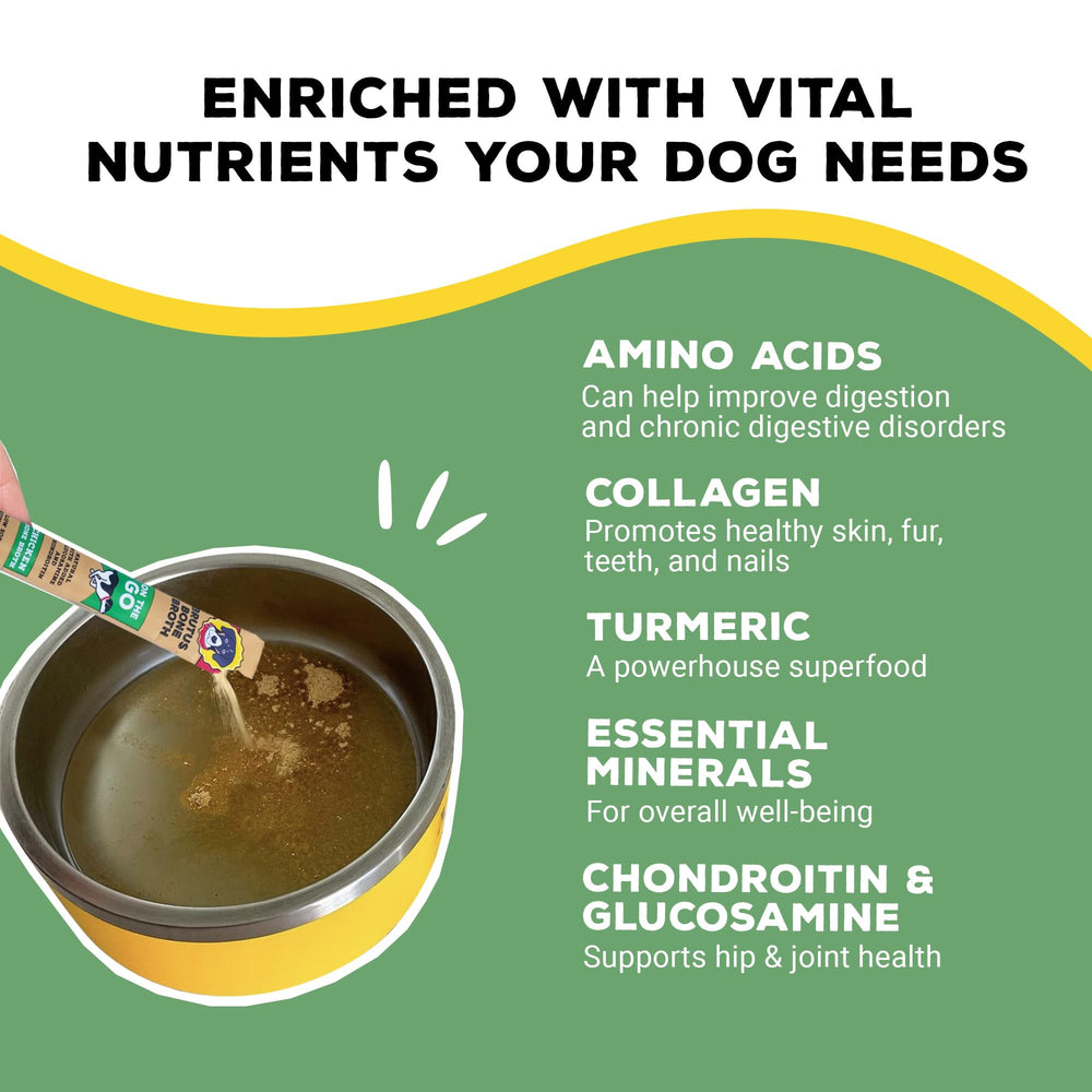 Brutus Bone Broth recyclable packaging promoting sustainable dog nutrition.