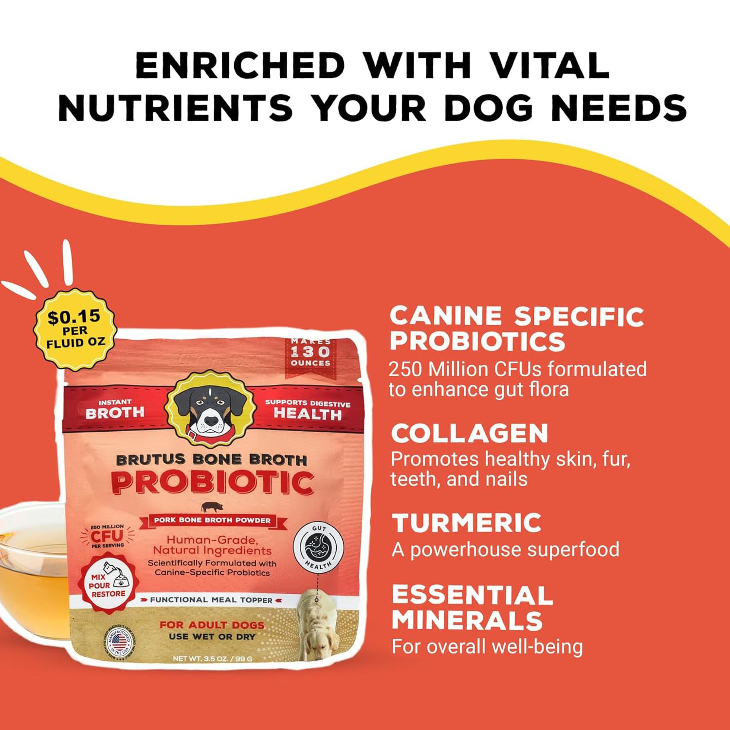 Brutus Bone Broth powder sprinkled on kibble for easy dry topping.