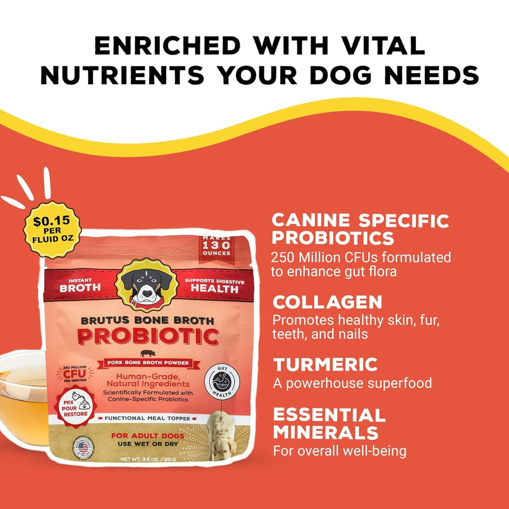 Brutus Bone Broth powder sprinkled on kibble for easy dry topping.