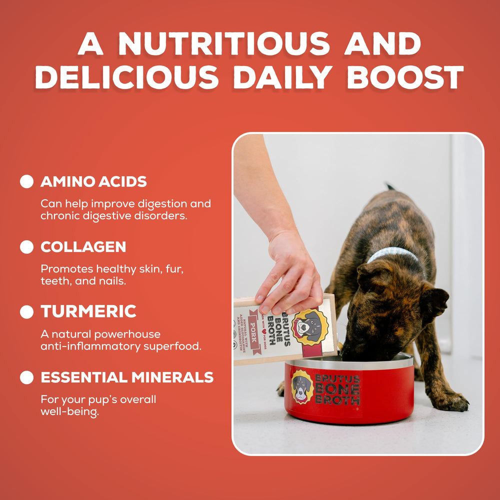 Brutus Bone Broth Liquid kibble topping adds savory taste with nutrients.