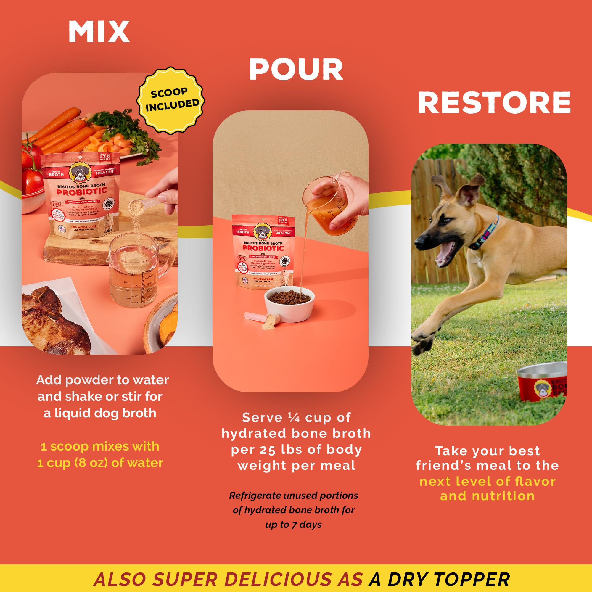 Brutus Bone Broth packaging shows pork flavor at 3-5oz size for convenience.