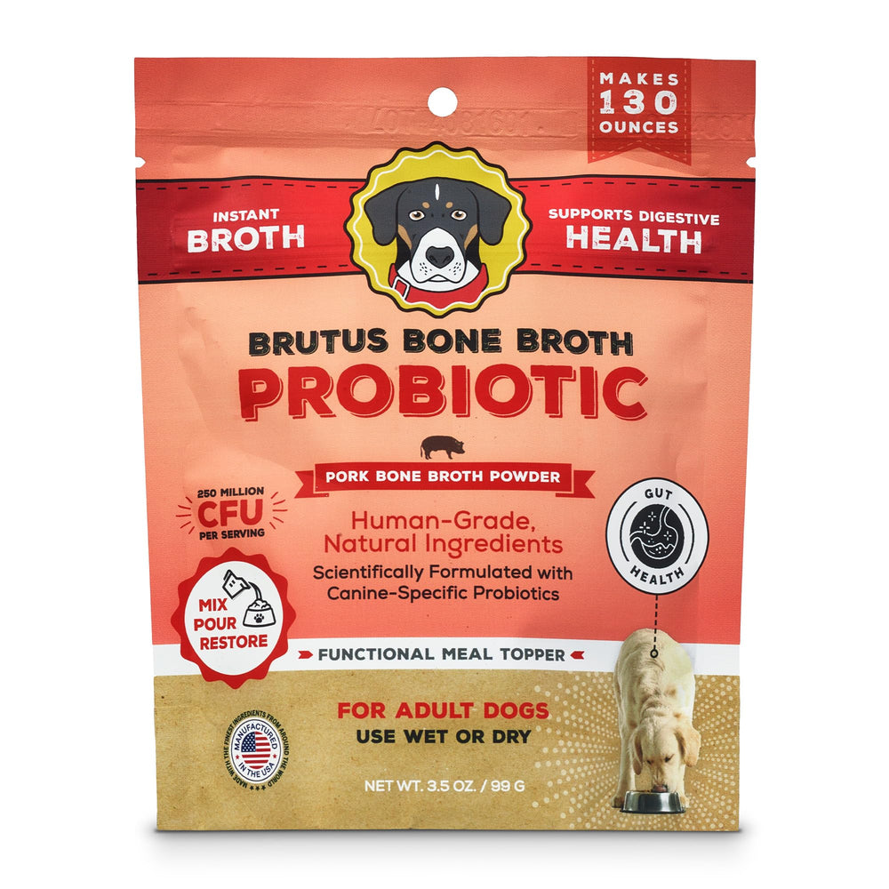 Brutus Bone Broth dog topper in pork flavor enhances meals and supports digestion.