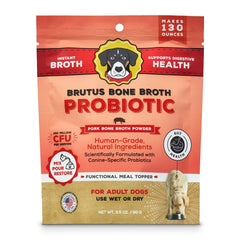 Brutus Bone Broth dog topper in pork flavor enhances meals and supports digestion.