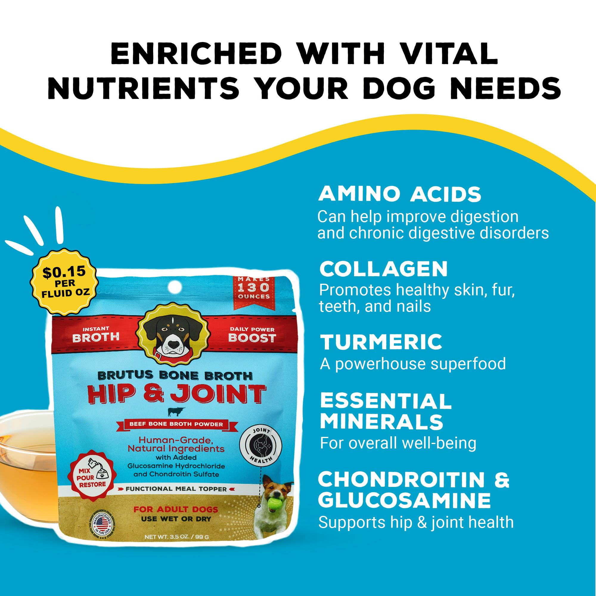 Brutus Bone Broth Topper dog enjoying a meal with topper.