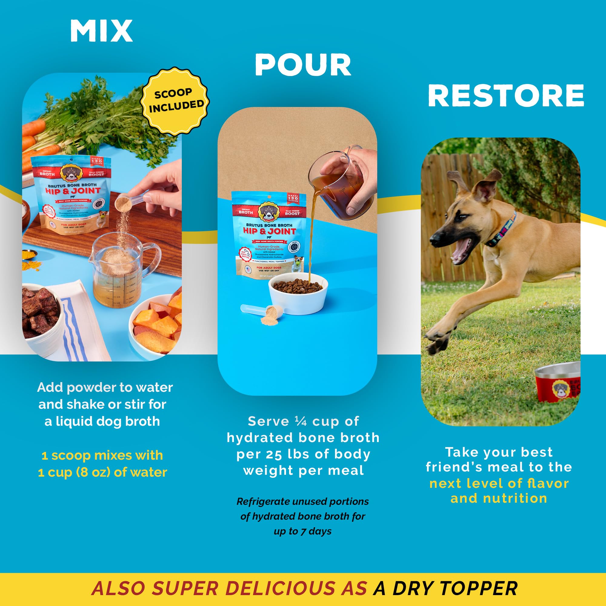 Brutus Bone Broth Topper mixes into a bowl for meals.