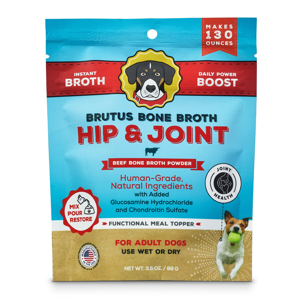 Brutus Bone Broth Topper packaging highlights beef flavor for picky eaters.